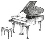 Vector drawing of open grand piano and stool for musician